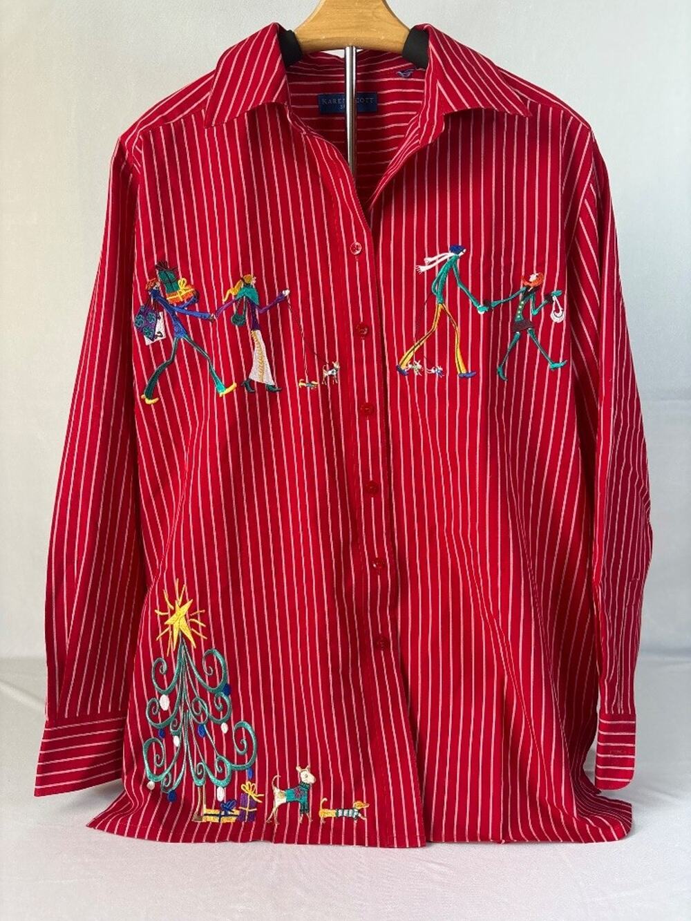 Karen Scott Sport Red Stripe Embroidered Christmas Holiday Shirt XL